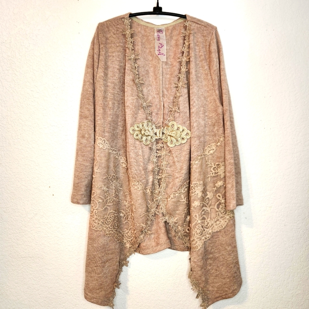 Pretty Angel Linen‎ Cotton Elegant Tan Embroidered Lace Cardigan, Size M